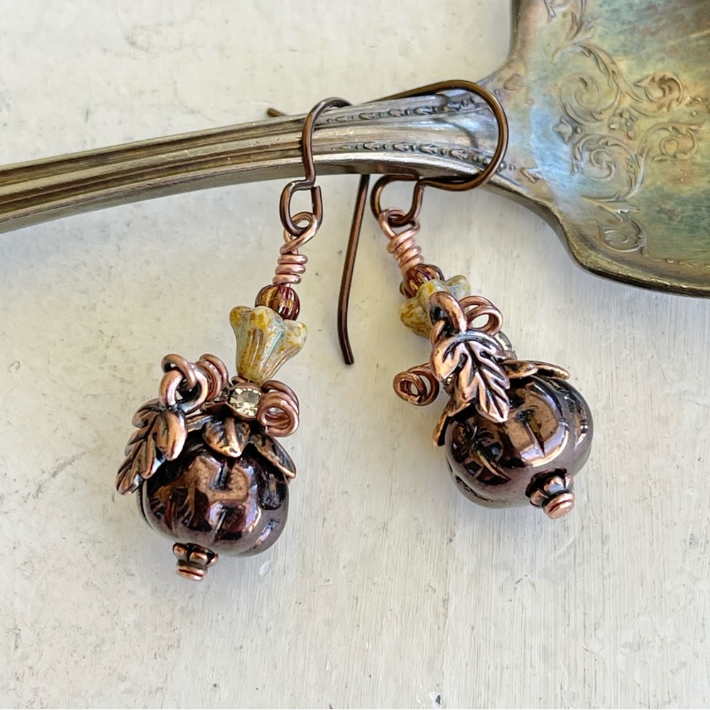Hand Crafted “Midnight Pumpkin” Dangle Earrings - Picture 8 of 12